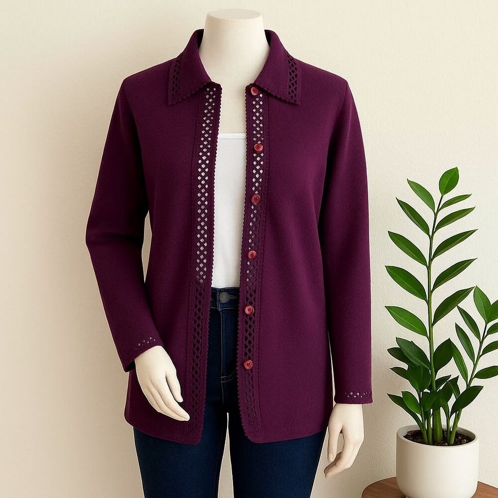 Cherokee Purple Cardigan Perforated Button Up Knit Sweater Size XL Soft Cozy Top